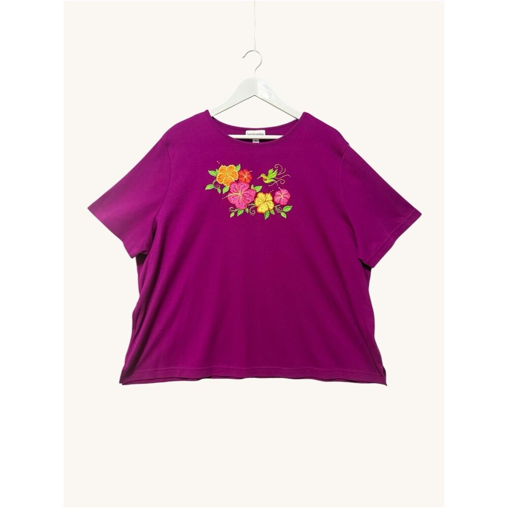 Breckenridge Burgundy Embroidered Floral Bird Tee Size 3X Short Sleeve